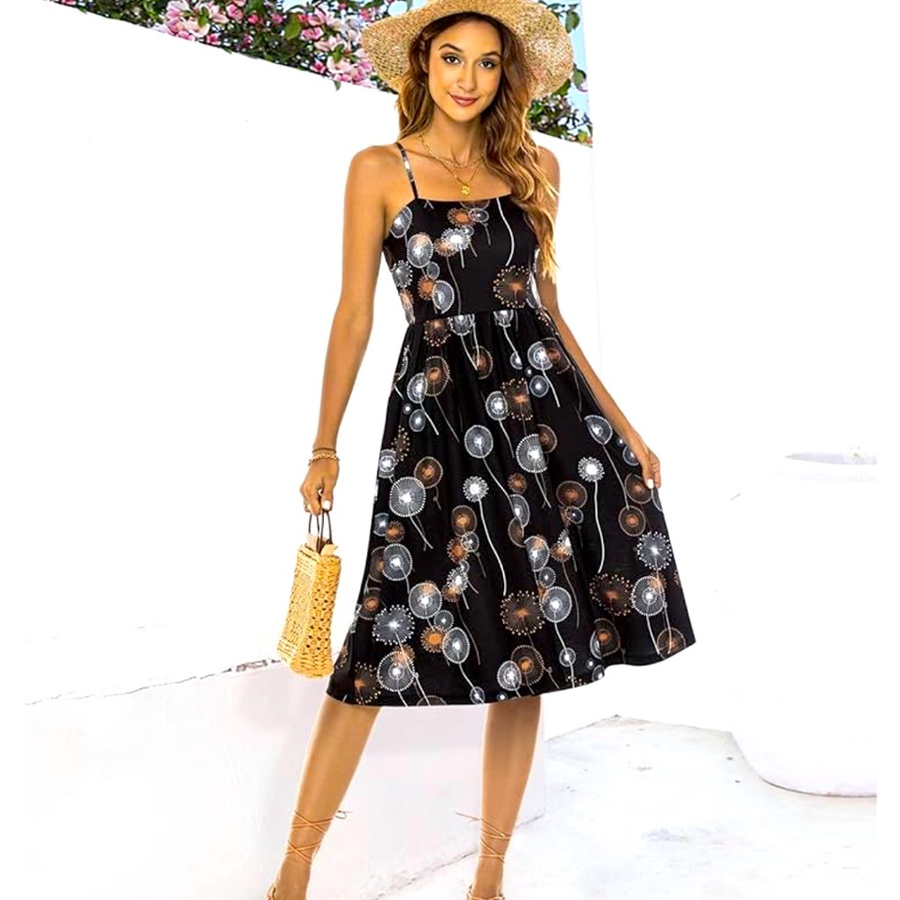 Floral Midi Dresses for Women Spaghetti Straps Party Dress Cotton Sundress